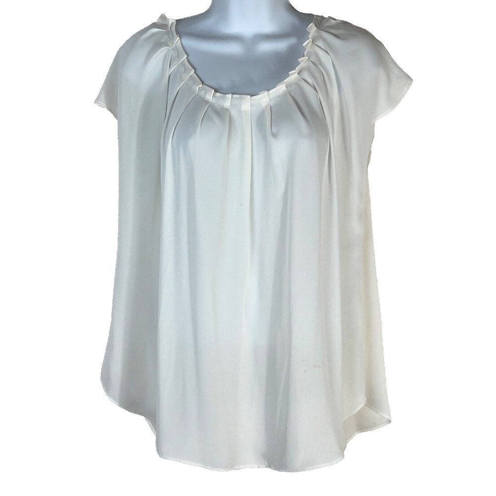 Joe Fresh Top Sheer Blouse Size XL Cream Cap Sleeve Pleated Neck Curved Hem